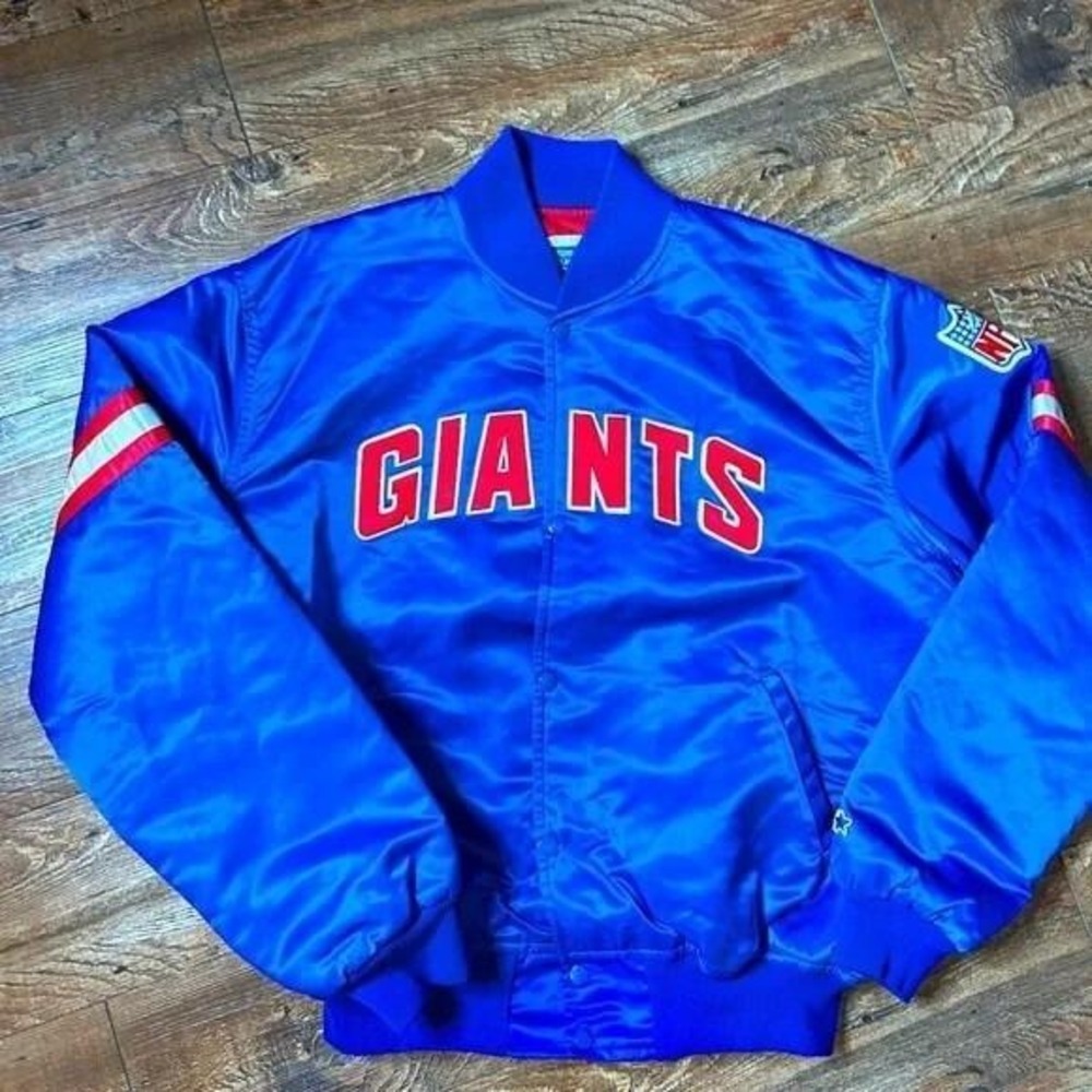 Starter New York Giants Jacket Mens XL Blue Good Vintage Satin Bomber NFL Snap‎